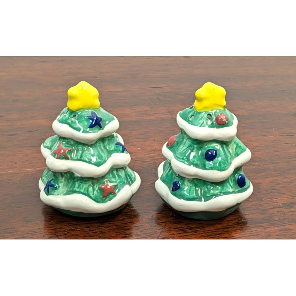 Vintage Ceramic Christmas Tree Salt & Pepper Shakers Green Holiday Table Decor
